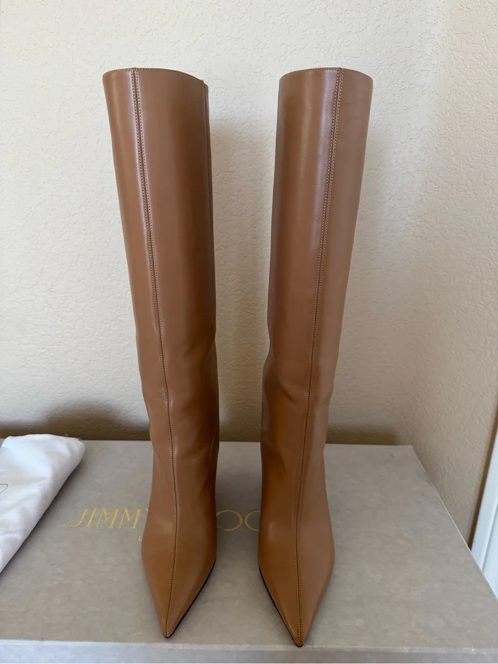 Jimmy Choo Tall Pointed-Toe Over-the-Knee Boots — Tan